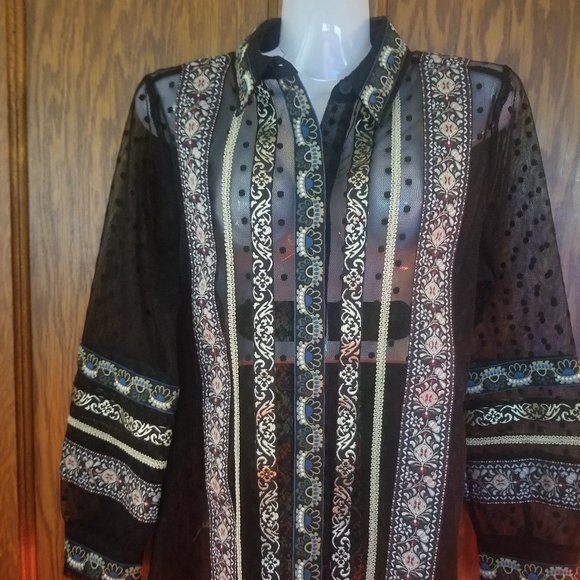 Chico’s Sheer Polka Dot Tulle Button Front Shirt Ribbon Trim Black  Sz OOp - Picture 3 of 5